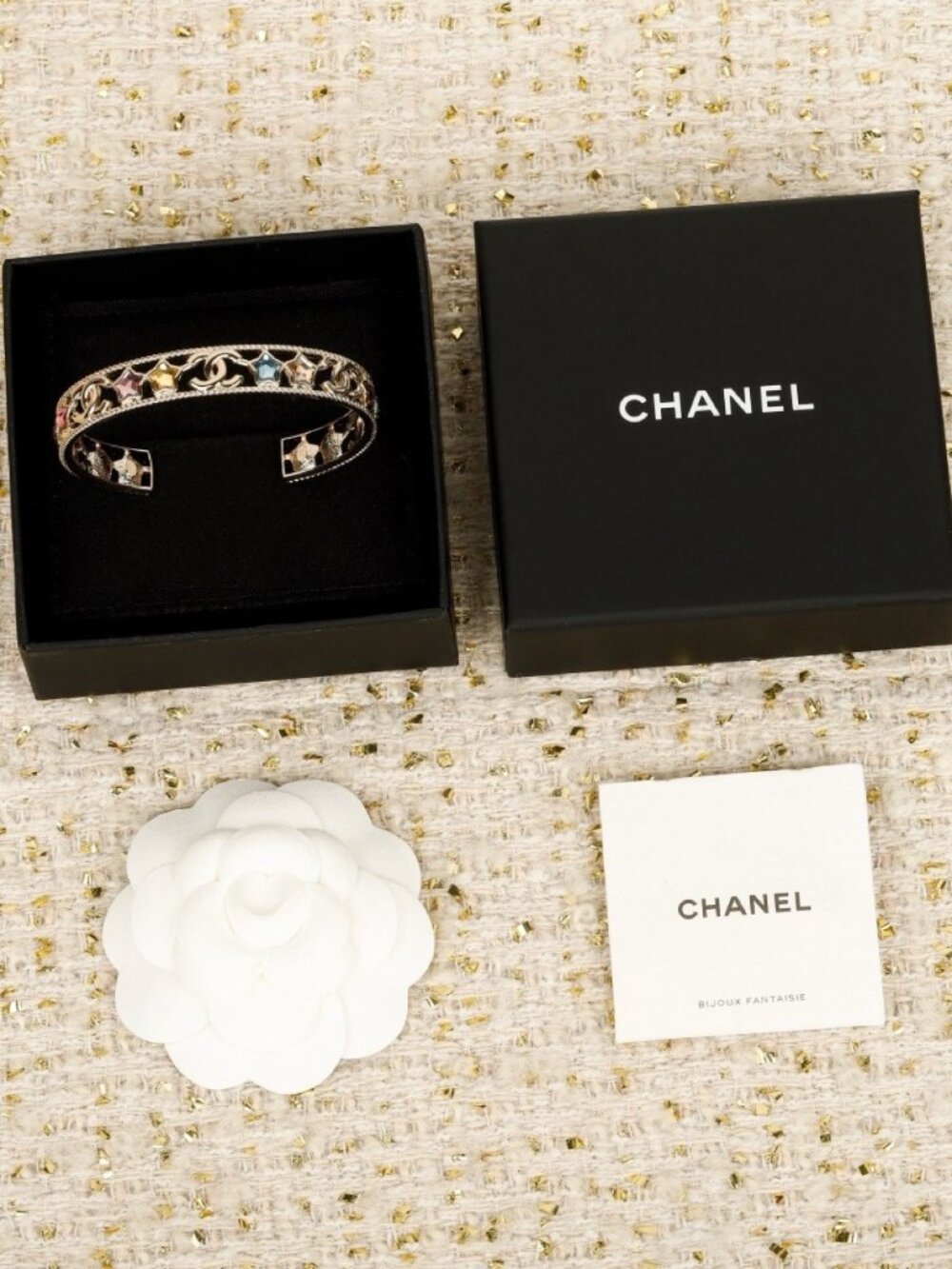 Chanel Gold-Tone Rainbow Crystal CC Bangle Bracelet